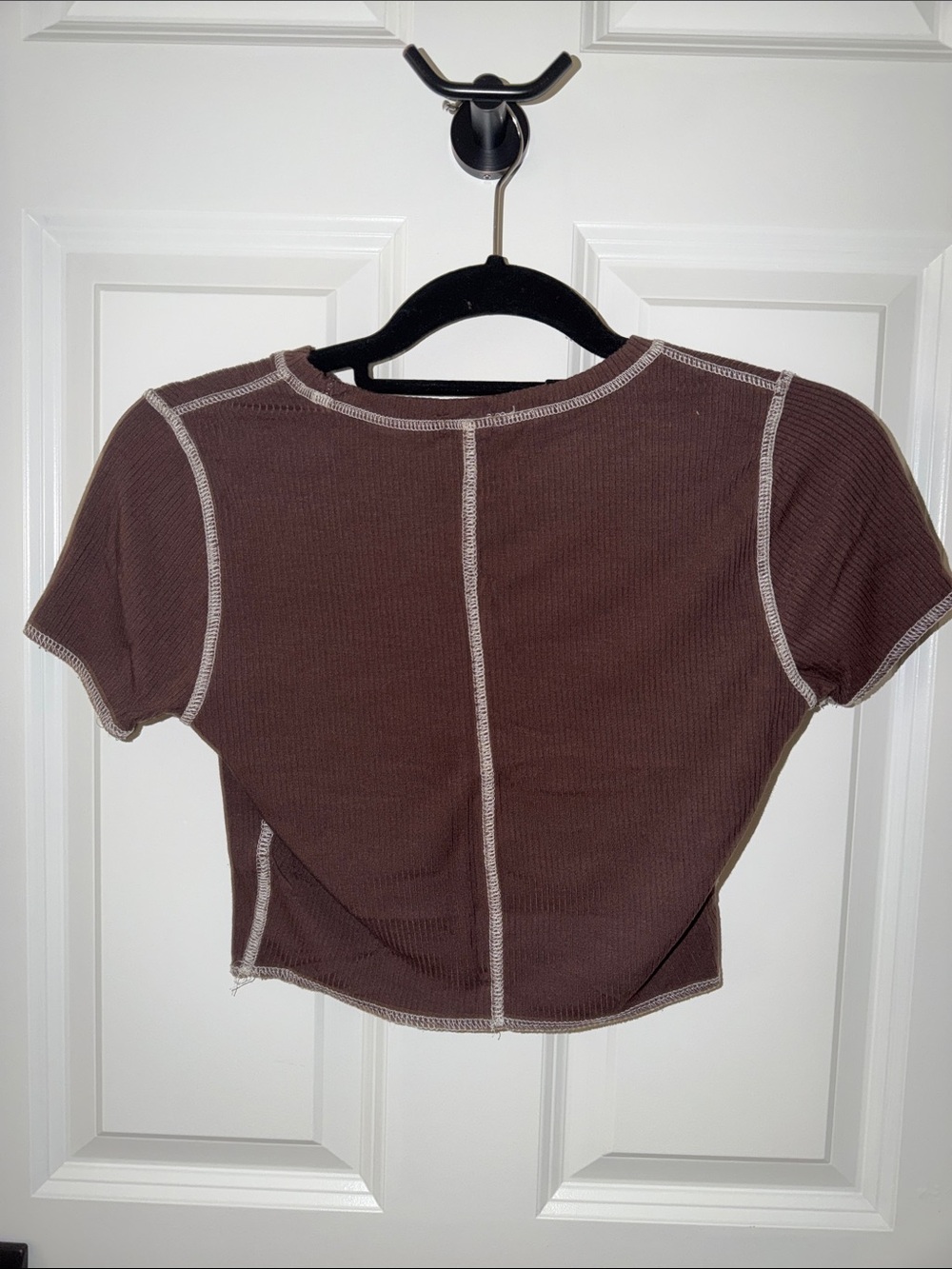 Garage Brown Ribbed Contrast-Stitch Crop Top - Picture 2 of 2